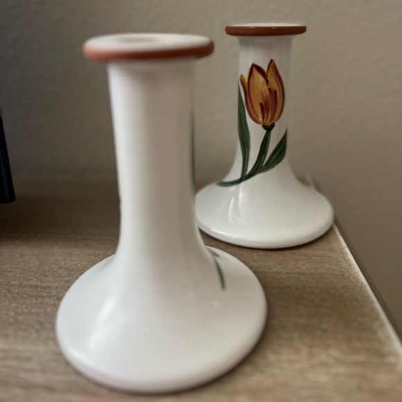 Terracotta Candlesticks Made In Portugal White Floral Set Of Two - Picture 2 of 5